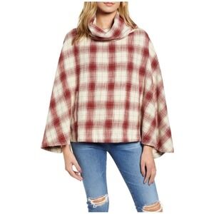 AG Adriano Goldschmied Plaid Cowl Neck Poncho Cape Red Tan Medium Fall NWT